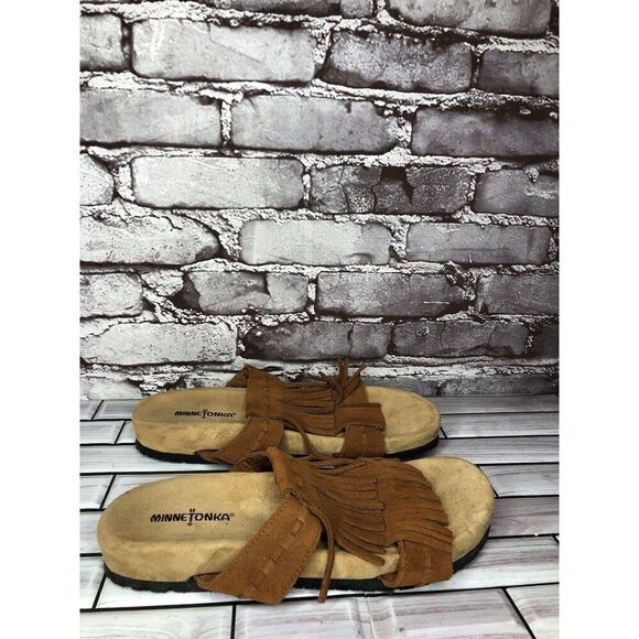MINNETONKA Daisy Brown Fringe Suede Leather Slides Sandals Women Sz 10M US/41EU - Picture 3 of 16